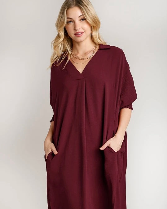 Plus Size Red Burgandy Wine Open Neck Elbow Smock Sleeve Pocket Tunic Dress