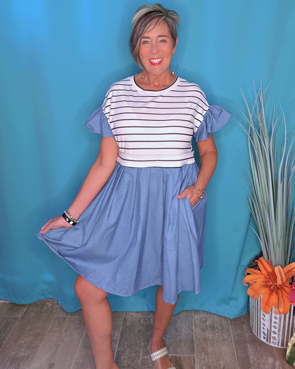 Chic Denim & Black & White Stripe Mini Ruffle Cap Sleeve Dress