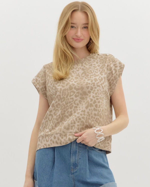Khaki Brown or Charcoal Black Sleeveless Leopard Print Stud Shoulder Top