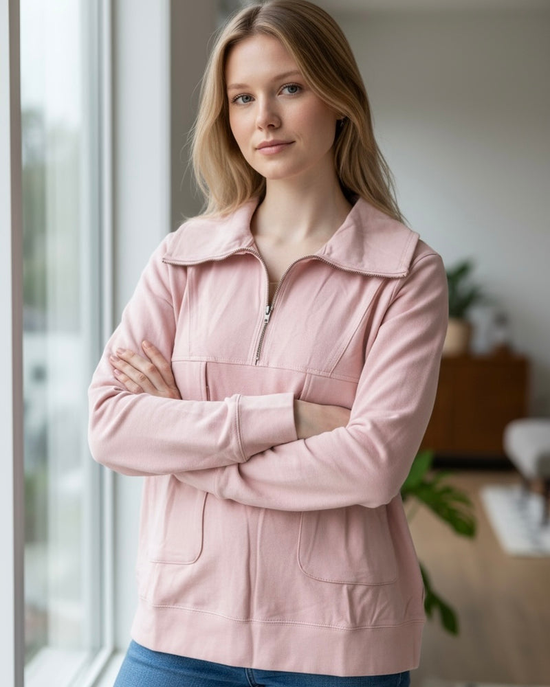Blush Pink Large Front Pocket Zip Neck Long Sleeve Pullover Top