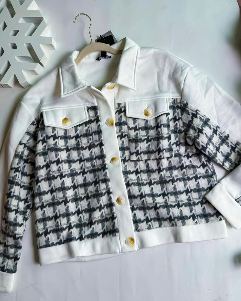 White & Black Houndstooth Pattern Classic Mix Contrast Front Pocket Button Long Sleeve Jacket