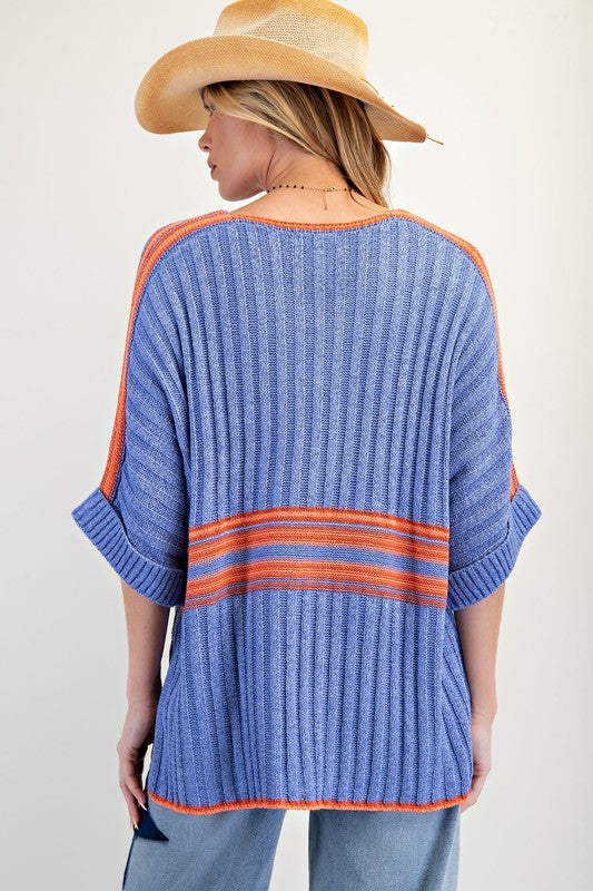 Blue or Orange 3/4 Sleeve VNeck Ribbed Sweater Knit Top
