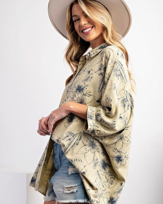 Khaki & Black Hawaii Tropical Graphic Print Button Down Dolman Short Sleeve Top