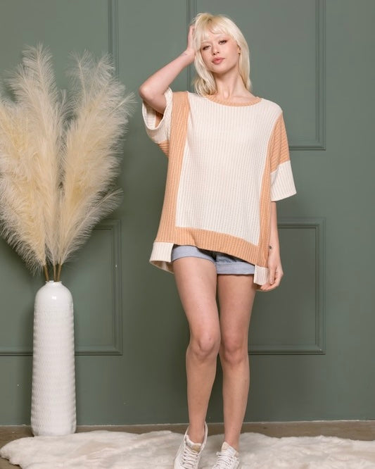 Cream & Tan Color Block Fleece Ribbed Light Knit 3/4 Sleeve Top