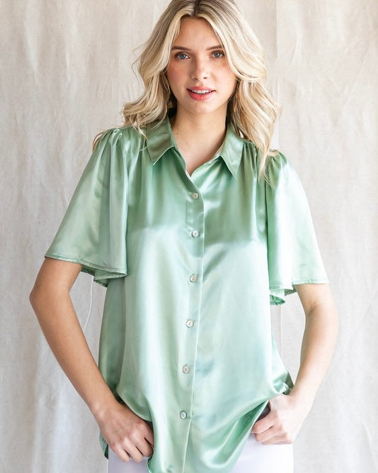 Champagne, Black or Green Satin Short Flutter Sleeve Button Down Top