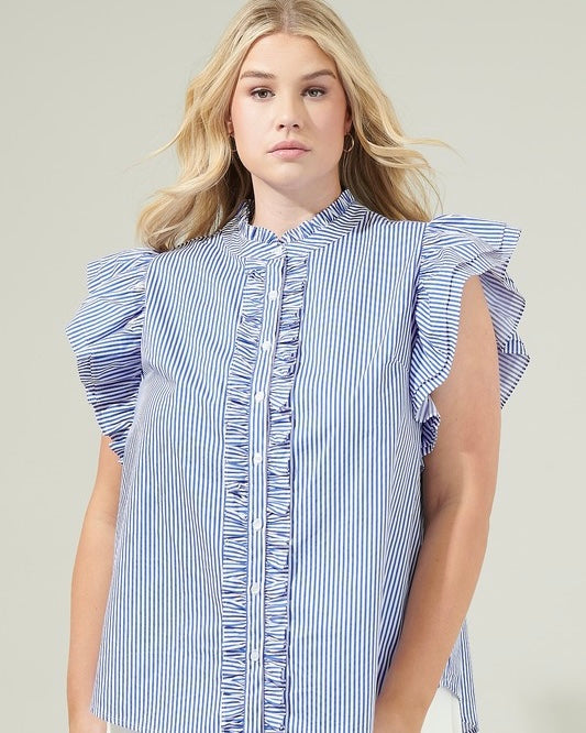 Blue & White Thin Striped Ruffle Cap Sleeve Button Down Top