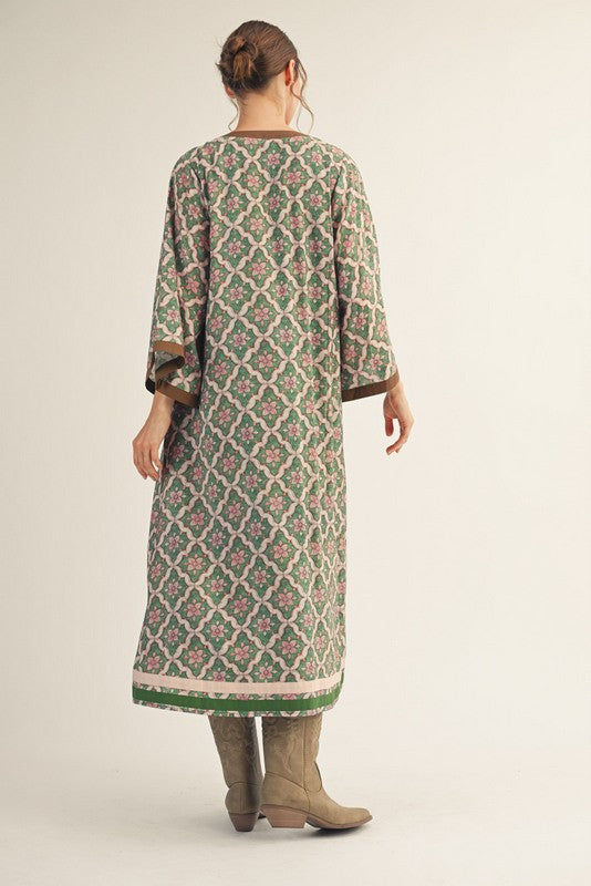 Boho Green & Brown Accent Floral Long Flare Sleeve Midi VNeck Dress