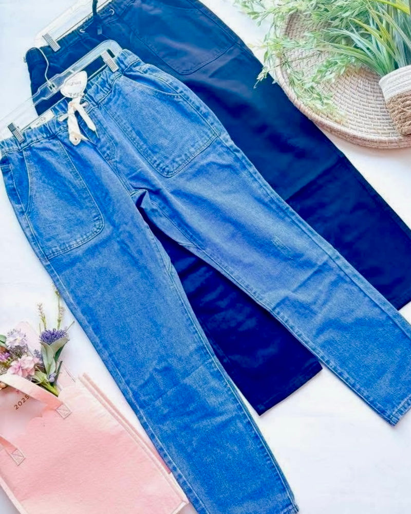 Black Straight Leg Strawstring Waist Pocket Denim Jeans