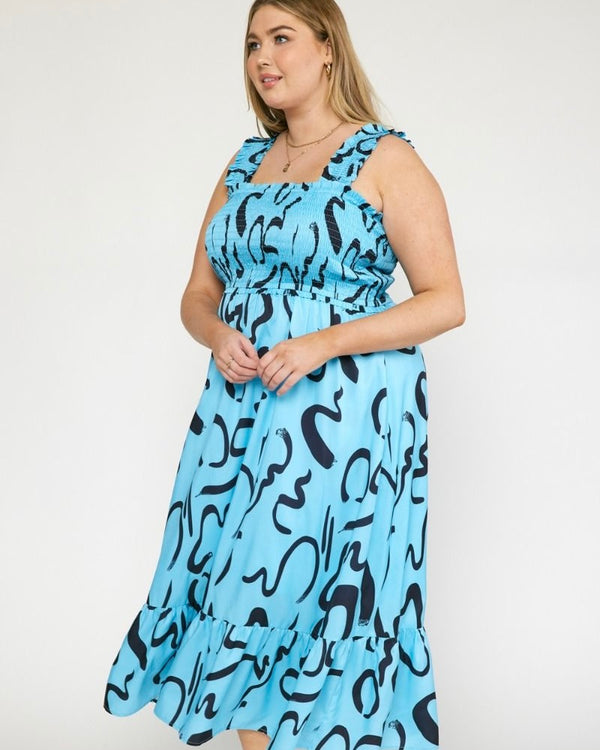 Plus Size Aqua Blue Zig Zag Graphic Sleeveless Maxi Dress