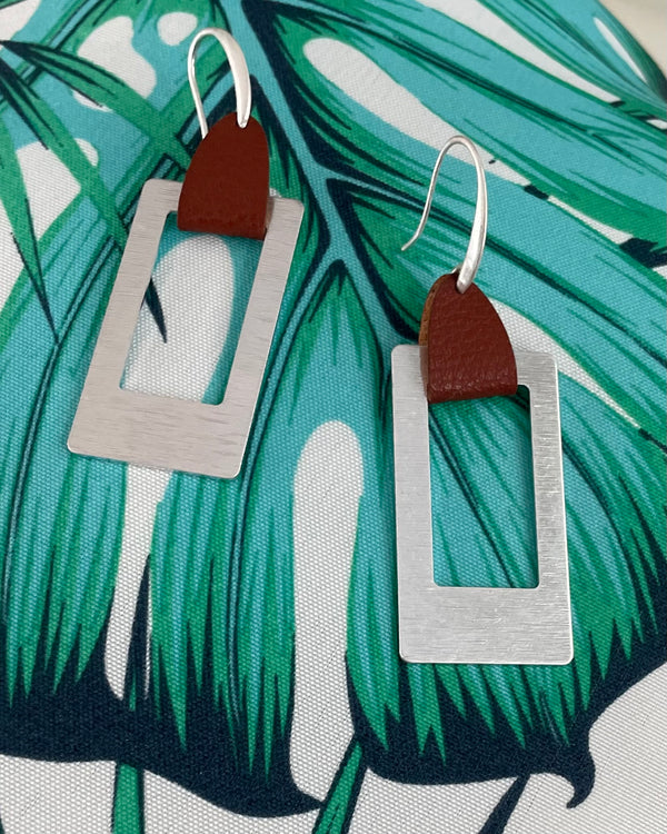 Silver Rectangle Dangle Earring with Leather Strap Detail