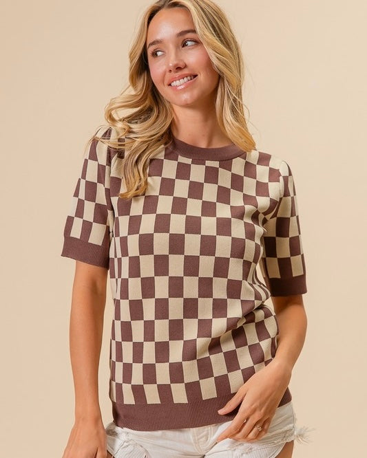 Brown & White Checkered Short Sleeve Sweater Top