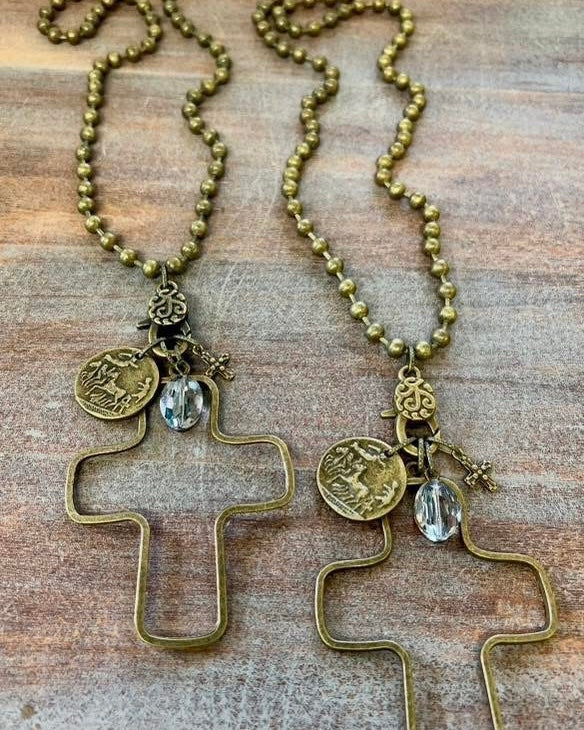 Brass Look Beaded Long Necklace with Large Cut Out Cross Pendant and Charms