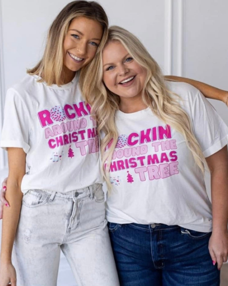 White w/Pink "Rockin Around The Christmas Tree" Graphic T-Shirt Top