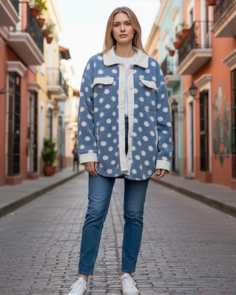 Polka Dot Sherpa Button Front Long Sleeve Collared Shacket Jacket