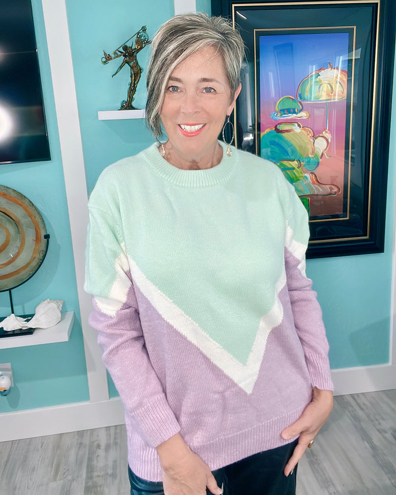 Purple & Mint Green Long Sleeve Crew Neck Diamond Sweater