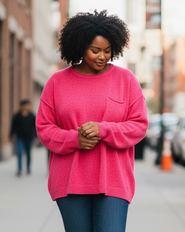 Plus Size Hot Pink Chenille Long Sleeve Sweater Top