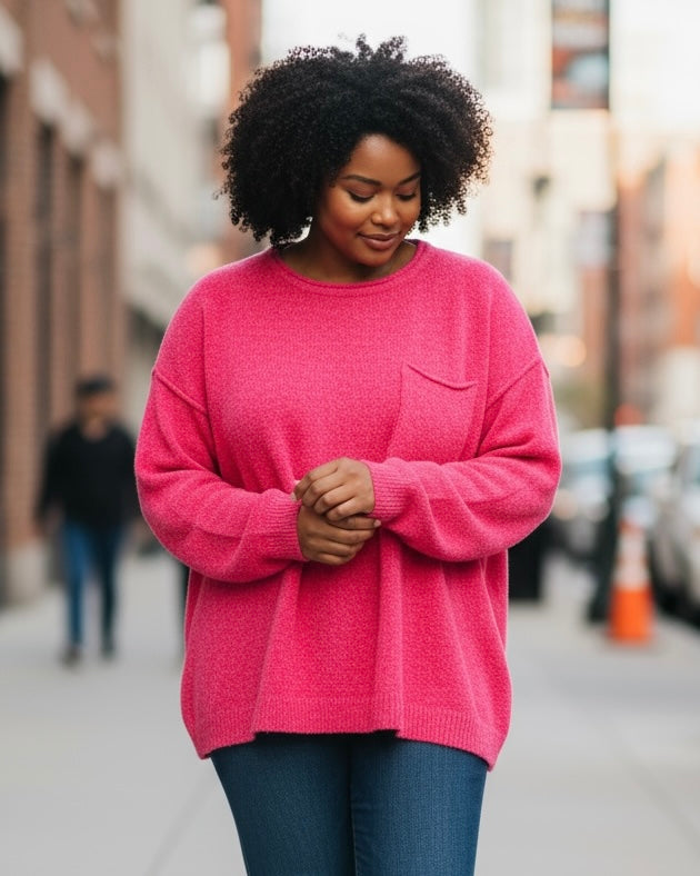 Plus Size Hot Pink Chenille Long Sleeve Sweater Top