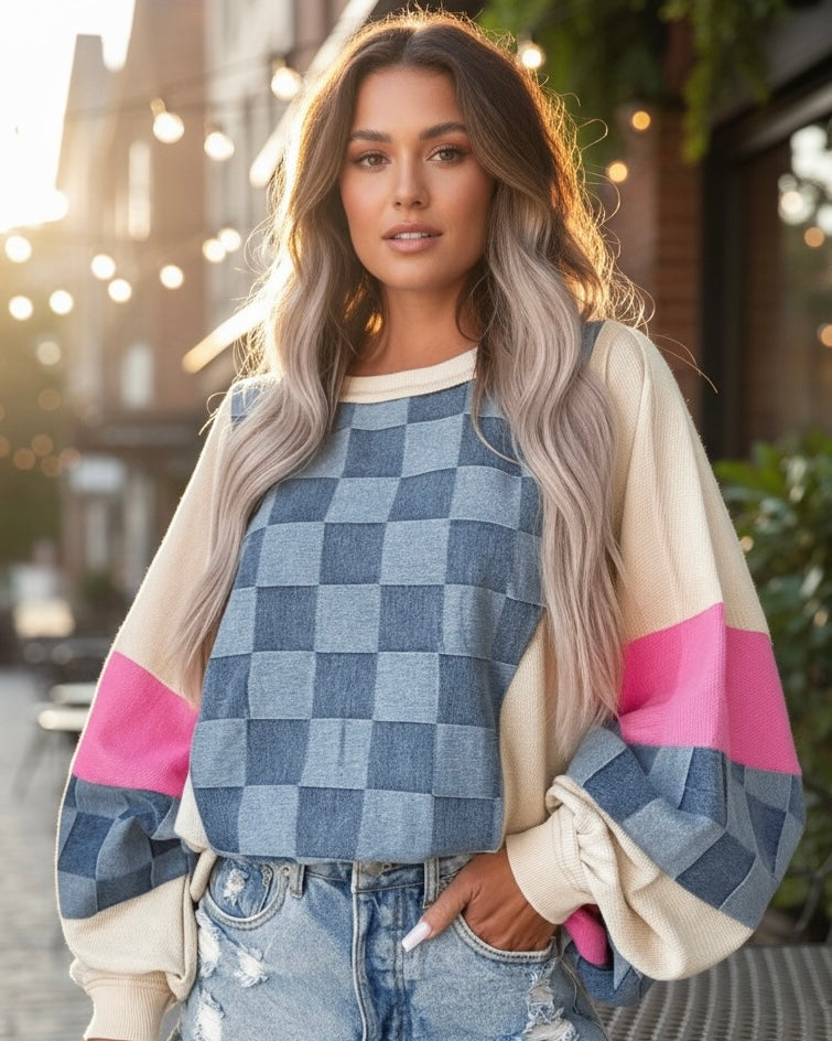 Denim Look Checkered Pattern Long Sleeve Oversize Sweatshirt