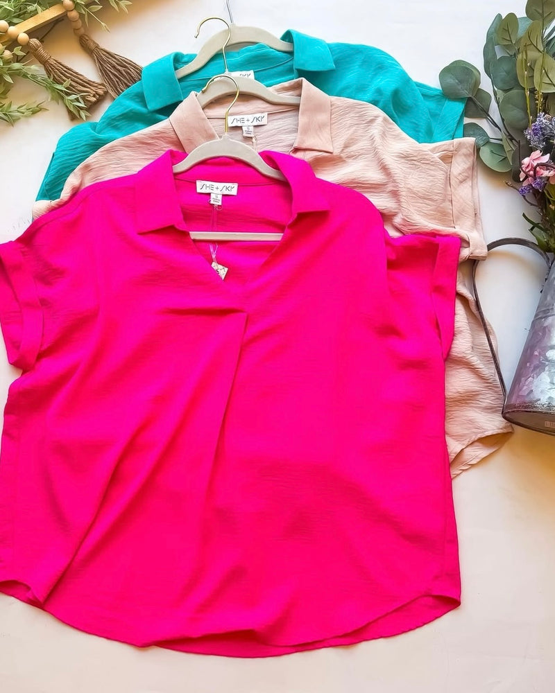 Pink, Beige or Teal Drop Shoulder Short Cap Sleeve Pleat Front Top