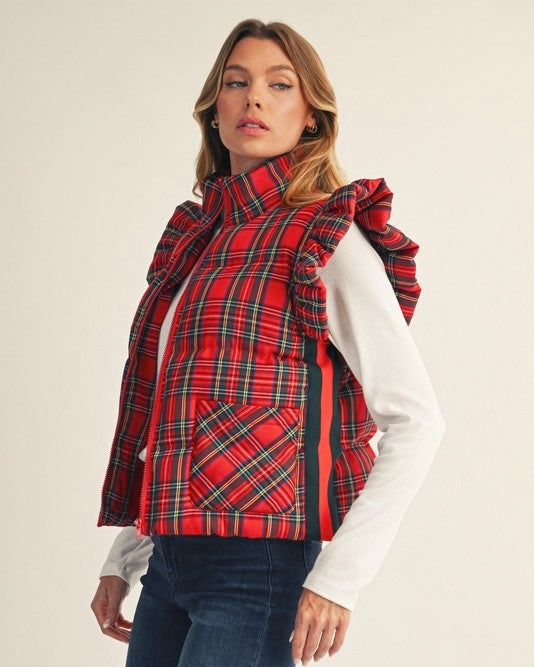 Red Plaid Front Zip Ruffled Cap Sleeve Puff Vest