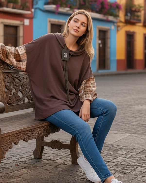 Solid Brown Contrast Plaid Long Sleeve Pullover Hoodie