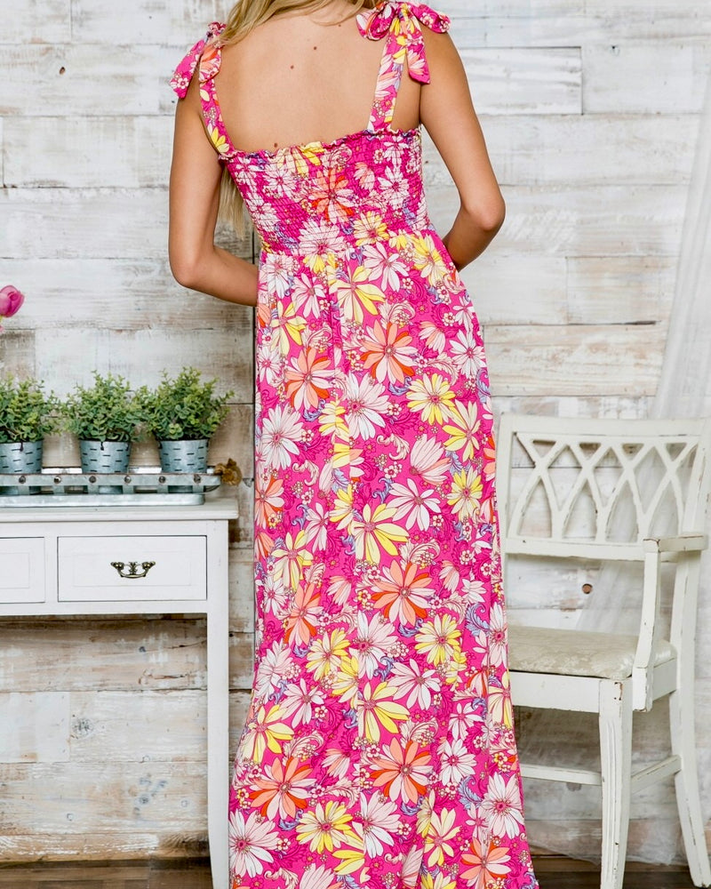 Regular & Curvy Plus Size Pink with Orange & Yellow Daisy Flower Print Sleeveless Tie Shoulder Strap Maxi Dress
