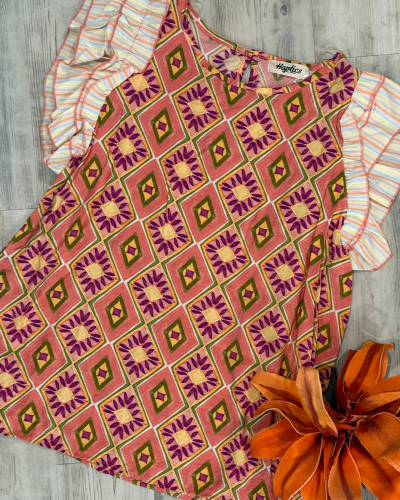 Plus Size Mix Media Blush Pink Graphic Diamond Print Contrast Striped Ruffle Short Sleeve Top