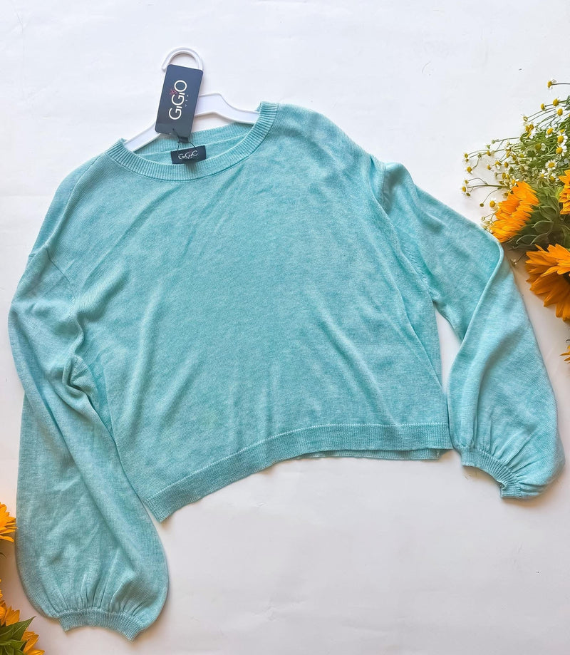 Solid Powder Blue Light Knit Long Sleeve Round Neck Sweater Top