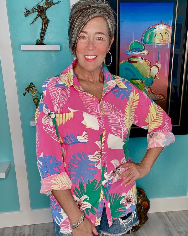 Pink Multicolor Tropical Leaf Trip to the Keys Button Up Long Sleeve Top