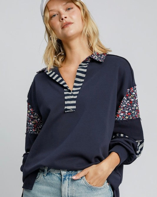 Navy Blue Mix Media Cut Raw Edge Hi Lo Hemline Long Sleeve Open Neck Pullover French Terry Collared Top