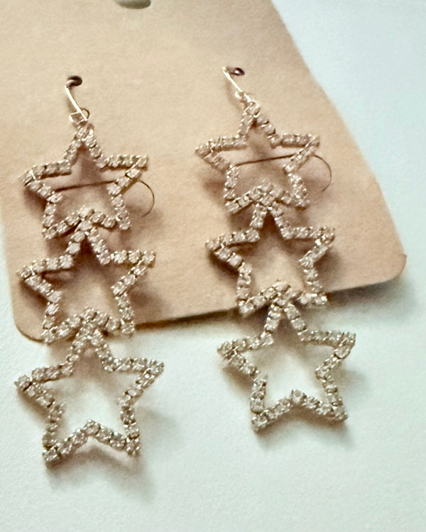 Triple Gold Rhinestone Star Dangle Earrings