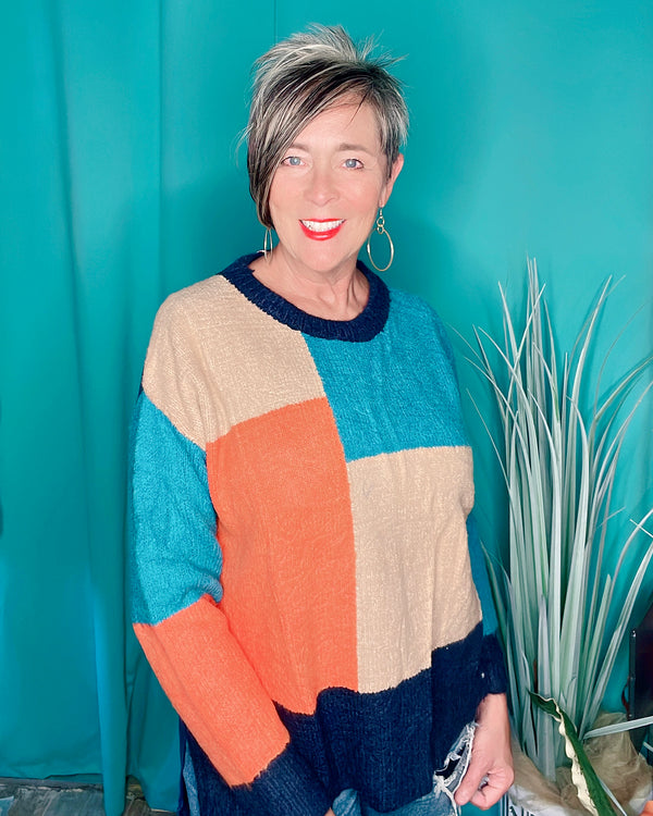 Color block Contrast in Blues, Orange & Tan VNeck Long Sleeve Sweater Top