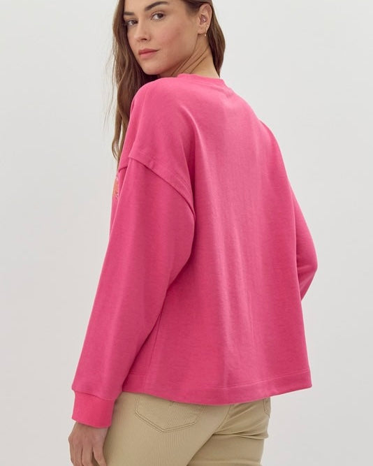 Green or Pink Flower Stitched Floral Long Sleeve Sweatshirt