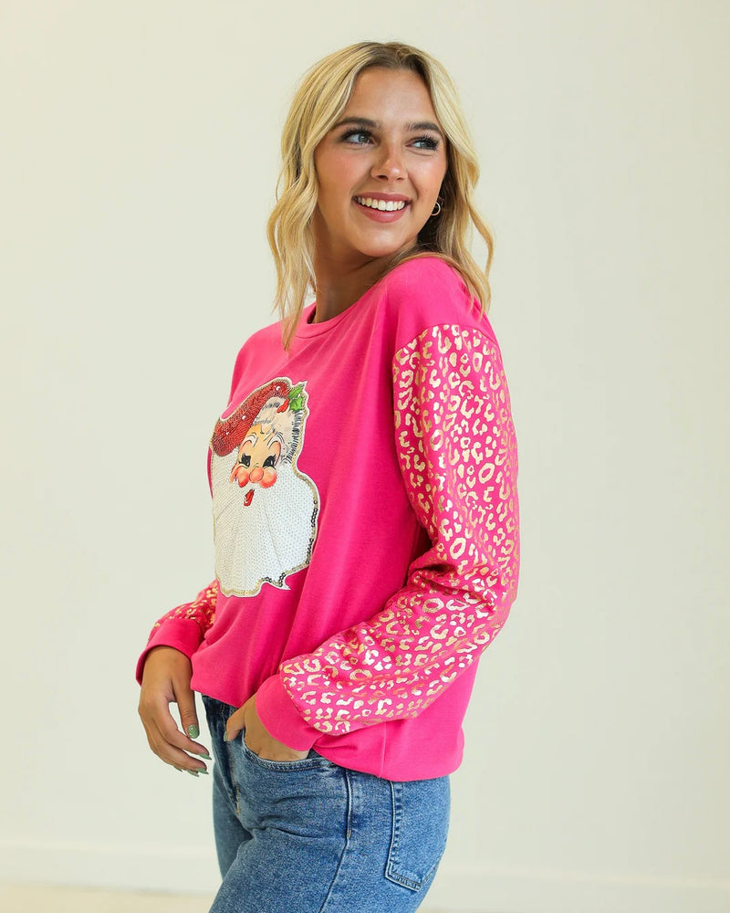 HO HO HO Pink Shirt w/ Sequin Christmas Santa Sweatshirt with Gold Leopard Sleeves