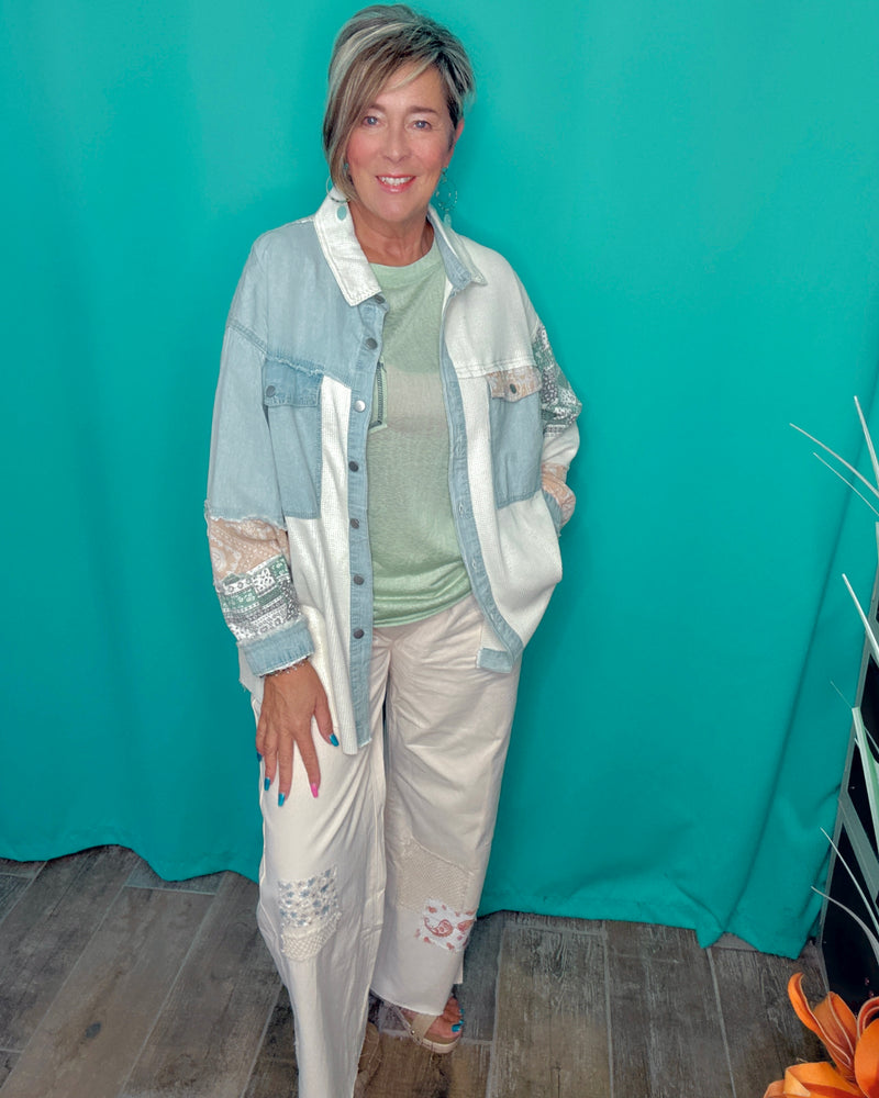 Boho Khaki Denim, Waffle & Lace Hi Lo Oversized Patch Balloon Sleeve Button Down Shirt/Jacket