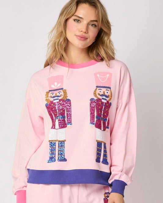Pink 2 Pc Christmas French Terry Sequin Nutcracker Pullover Sweatshirt & Pant Set