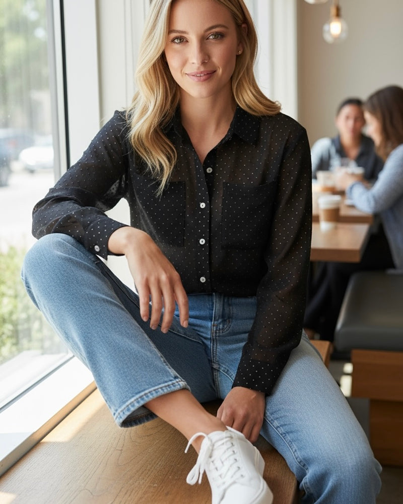 Semi Sheer Black Gold Studded Long Sleeve Button Down Top