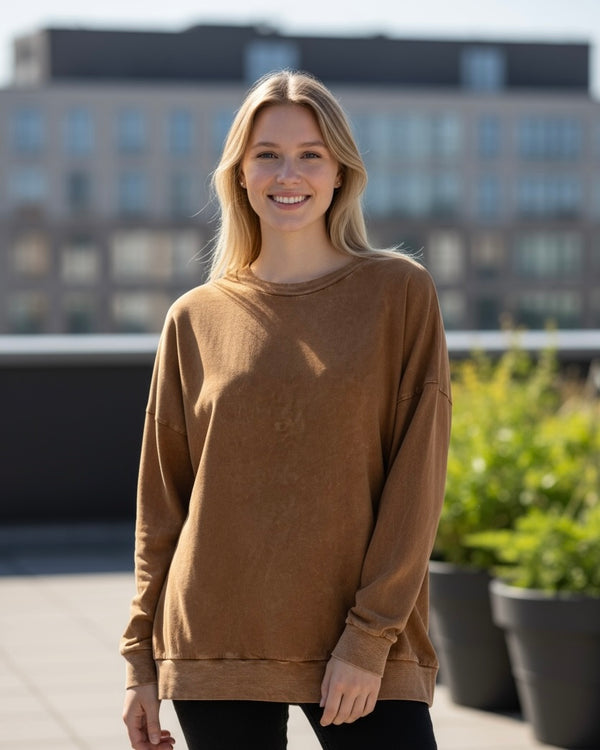 Tan Brown Mineral Wash Long Sleeve Round Neck Casual Top
