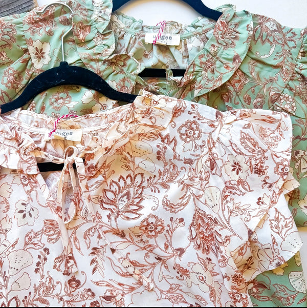 Sage Green & Rust Floral Print Short Ruffle Sleeve Tie Neck Top
