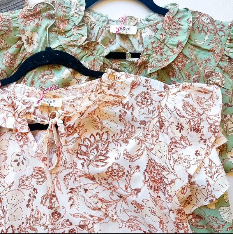 Sage Green & Rust Floral Print Short Ruffle Sleeve Tie Neck Top