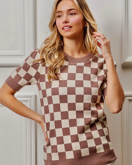 Brown & White Checkered Short Sleeve Sweater Top