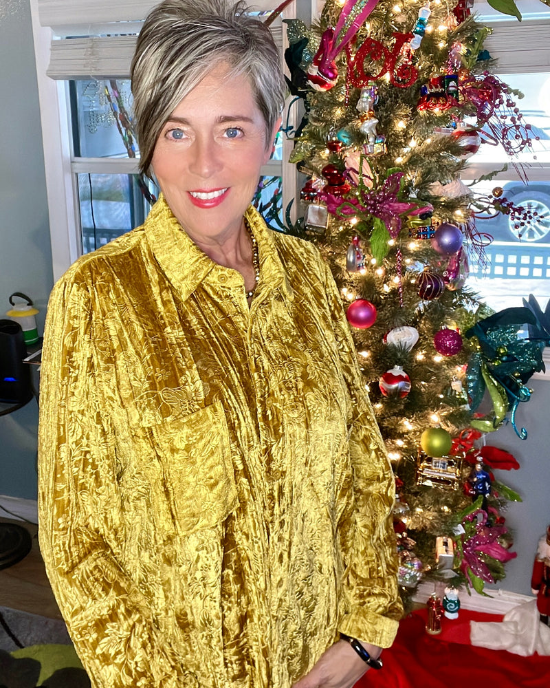 Blue or Gold Velvet Textured Embossed Button Down Long Sleeve Holiday Party Blouse
