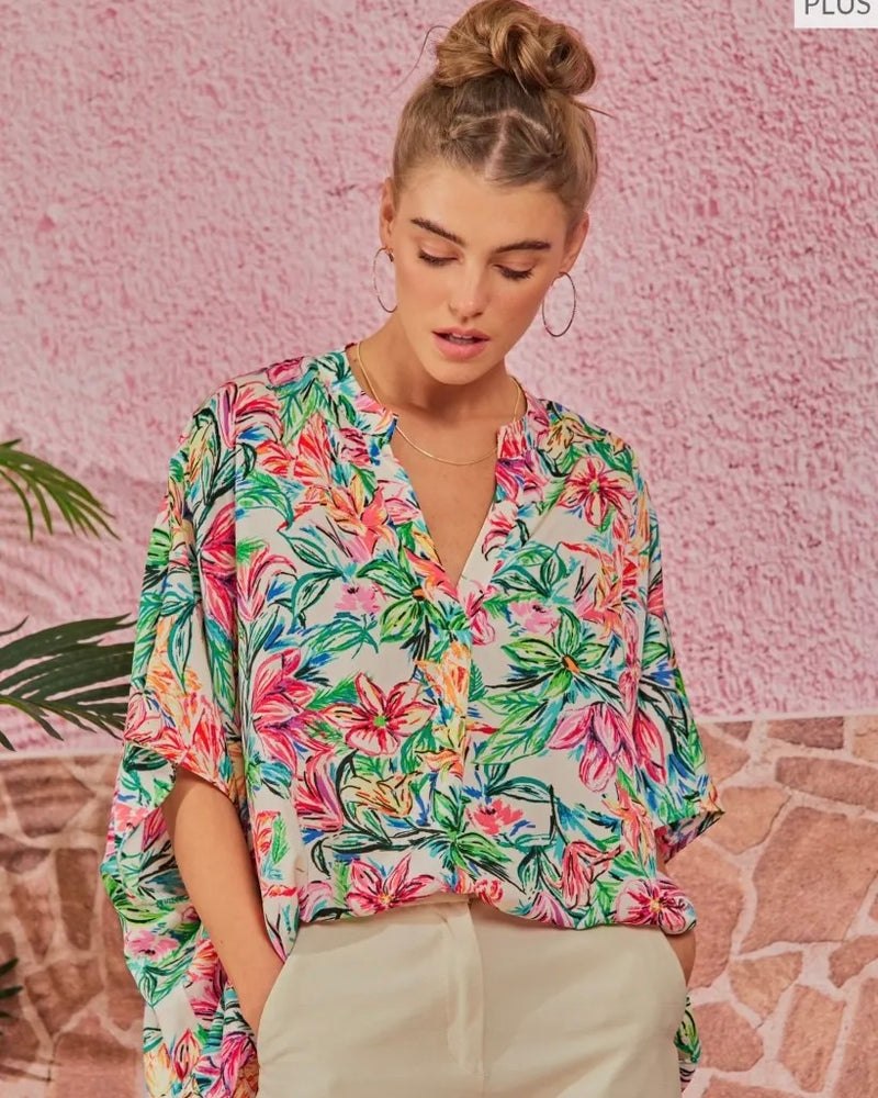 Multicolor Plus Size Abstract Floral Print Dolman Short Sleeve Open VNeck Top