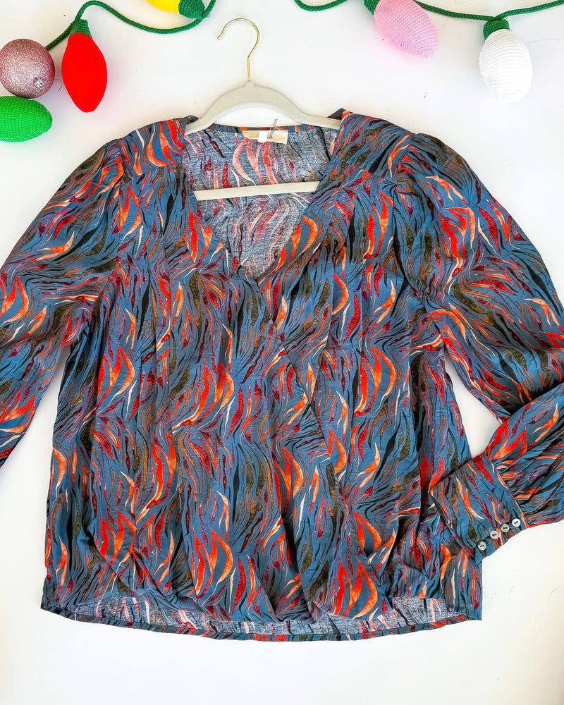 Dusty Blue Gray Abstract Print Long Sleeve Mock Wrap V-Neck Blouse