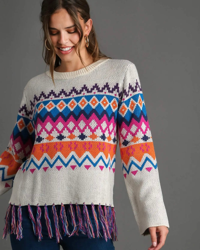 Black or White Multicolor Print Scoop Neck Boxy Drop Shoulder Fringe Sweater Top