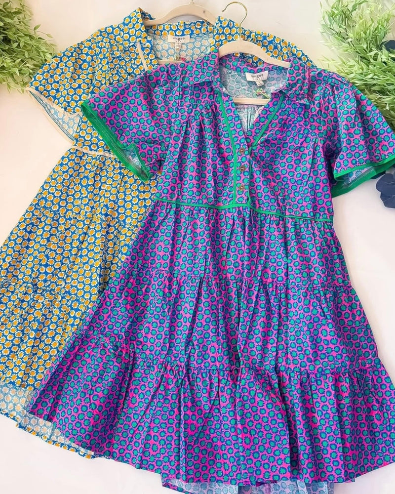 Blue Sunflower Open VNeck Short Cap Sleeve Tier Dress