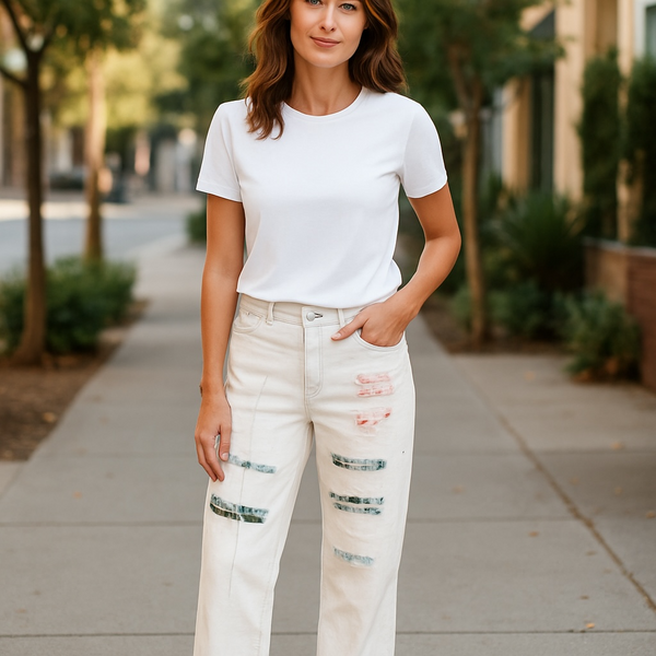 Cream Off White Boho Patch Straight Leg Frayed Hem Pant