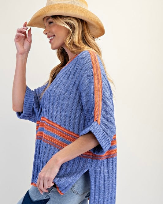 Blue or Orange 3/4 Sleeve VNeck Ribbed Sweater Knit Top