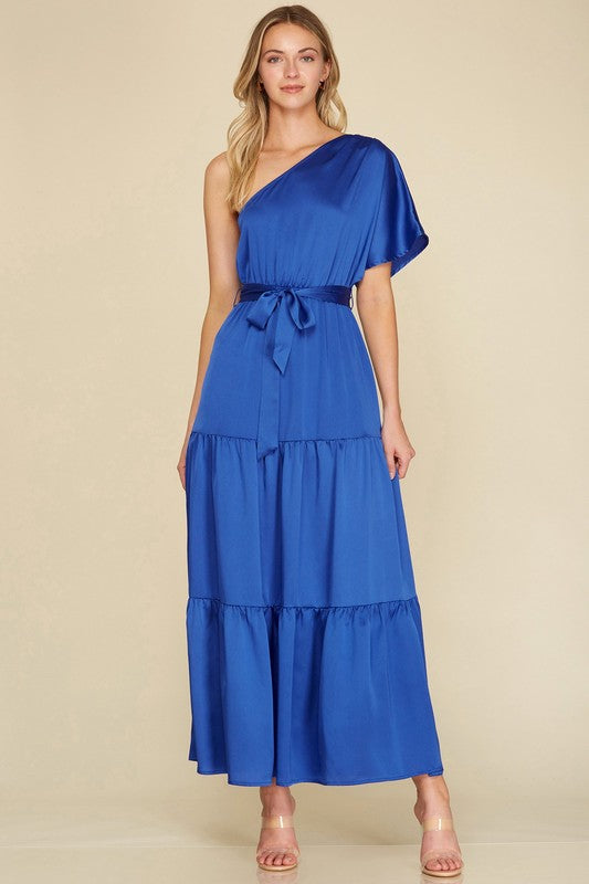 Solid Blue One Shoulder Tiered Self Tie Formal Evening Maxi Dress