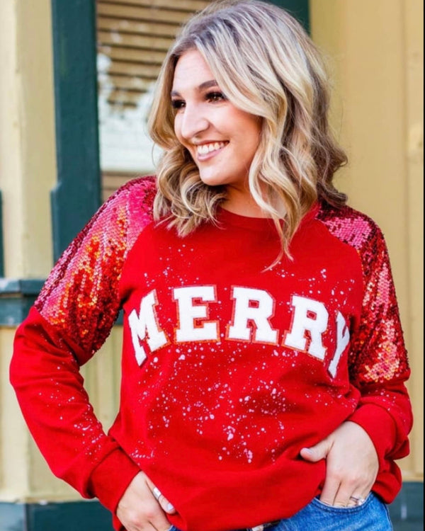 Red "Merry" Christmas Holiday Splatter Long Sleeve Sweatshirt Top